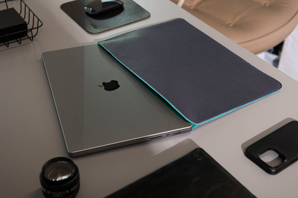 Luxury Leather Macbook Pro 14" Sleeve - Navy Blue and Mint
