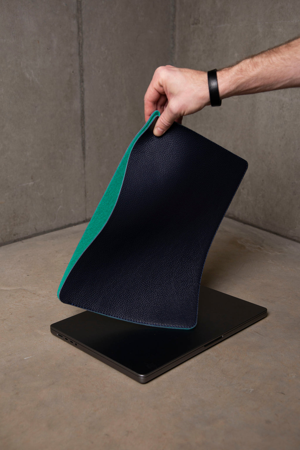 Luxury Leather Macbook Pro 14" Sleeve - Navy Blue and Mint