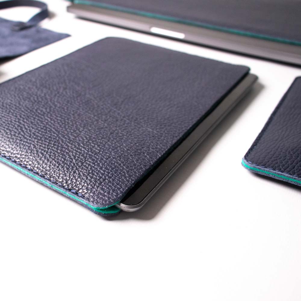 Luxury Leather Macbook Pro 16" Sleeve - Navy Blue and Mint