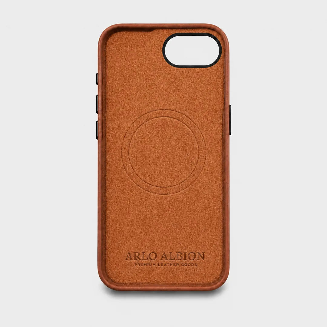 iPhone 17e Leather Shell Case Metal, MagSafe - Saddle Brown
