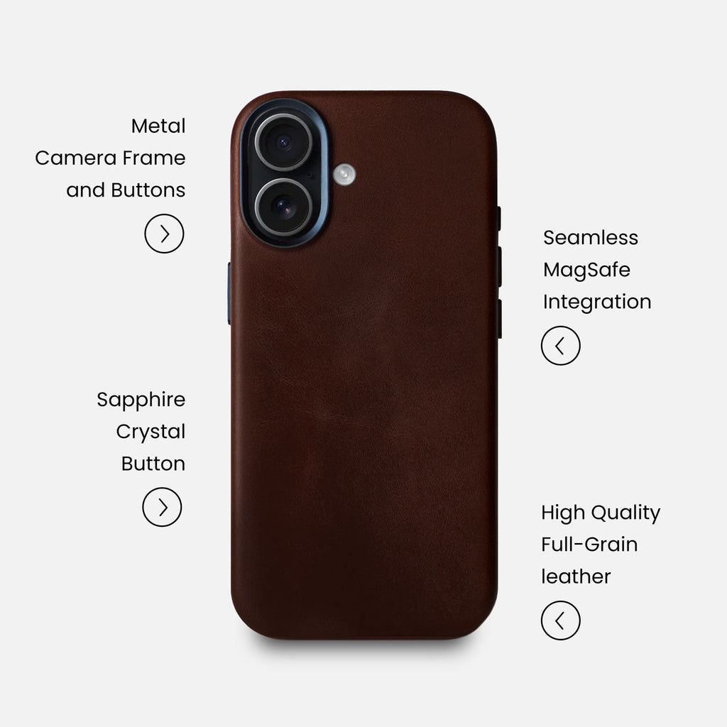 Leather iPhone 17 Shell Case Metal, MagSafe - Dark Brown