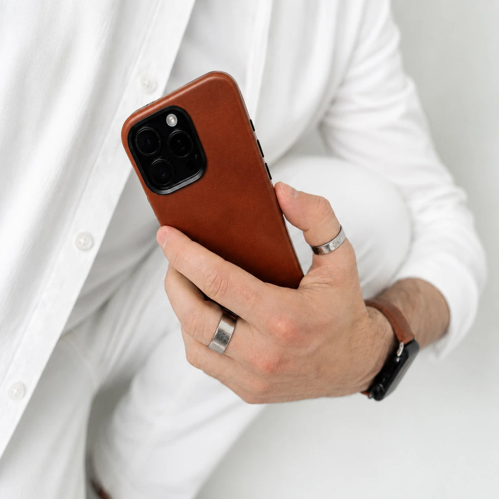 iPhone 16 Pro Max Leather Shell Case Metal, MagSafe - Saddle Brown