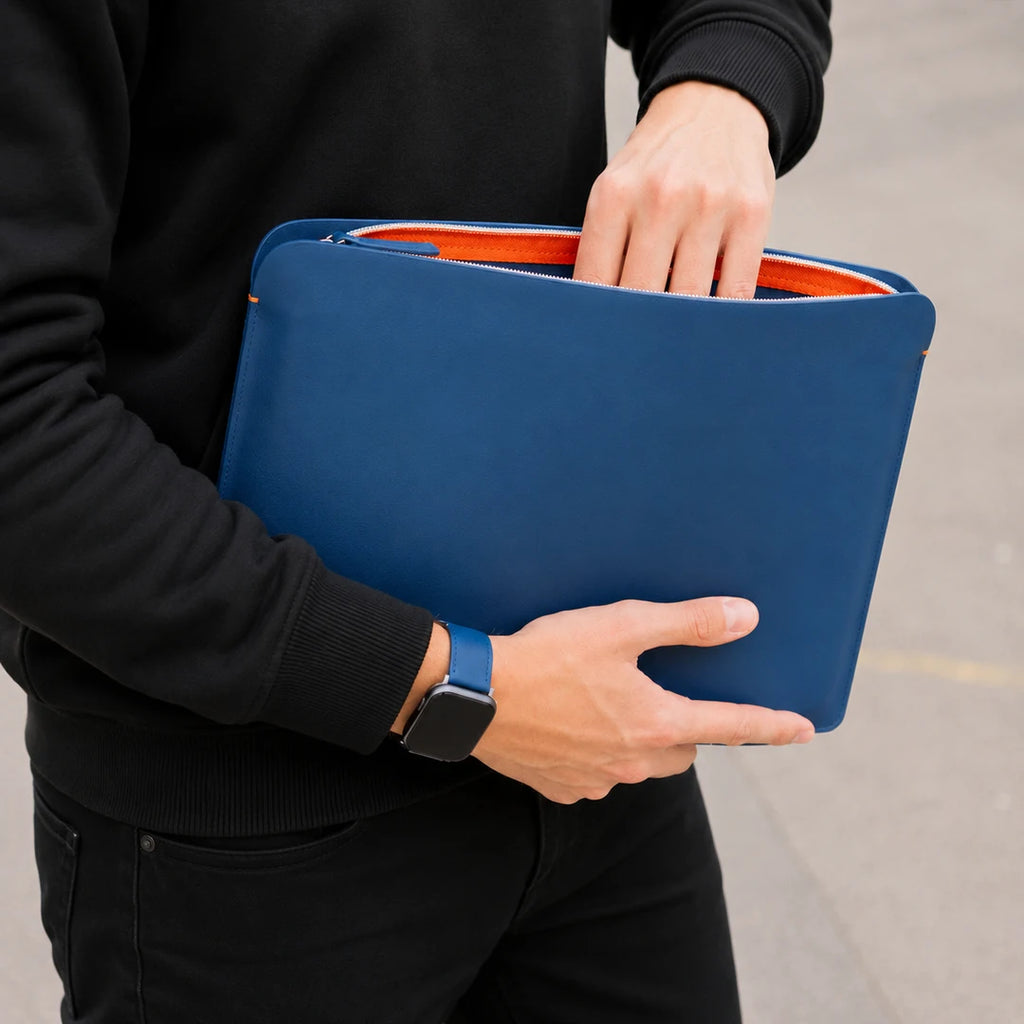 Luxury Nappa Leather MacBook Pro 14" sleeve with zip - Turquoise Blue